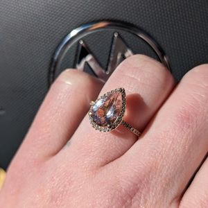 Romantic Morganite Pear Shape and Single Cut Diamond 14k Gold Engagement Ring